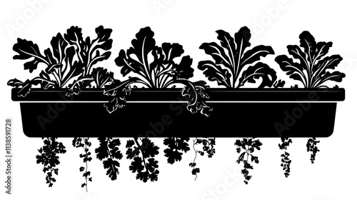 Leafy greens in long gutters with continuously flowing nutrient solution, Vectorized Plant Art