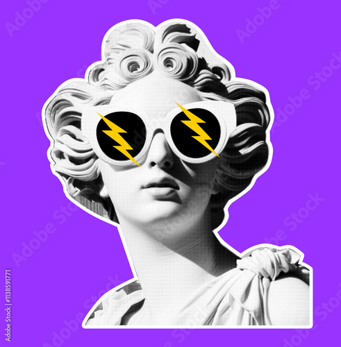 Greece woman face halftone bitmap collage on purple background, Retro antique girl modern y2k collage element, Modern woman face grunge photocopy magazine clipping