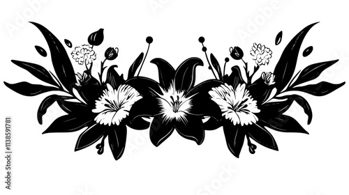 Lilies and chrysanthemums intertwined in a structured funeral arrangement, Vectorized Plant Art