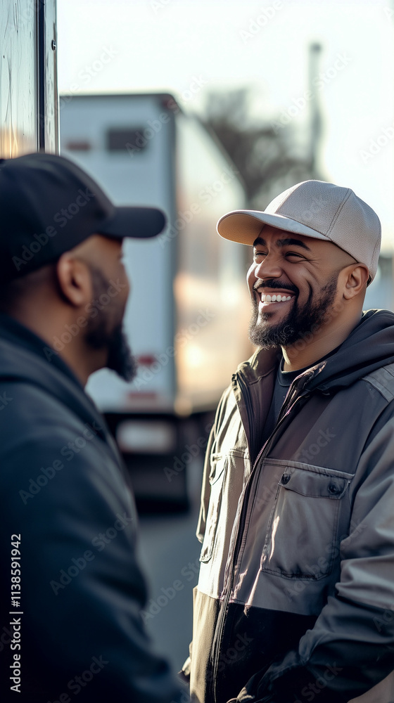 Two men smiling and enjoying a conversation outdoors in the sunlight Two men smiling and enjoying a conversation outdoors in the sunlight