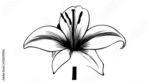 Lily with six petals and long stamens in outdoor garden setting, Vectorized Plant Art