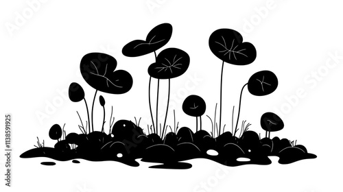 Liverwort with flat, leaf-like structure growing on moist soil surface, Vectorized Plant Art