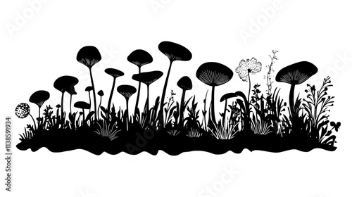 Liverworts growing on damp soil in a tropical rainforest, Vectorized Plant Art