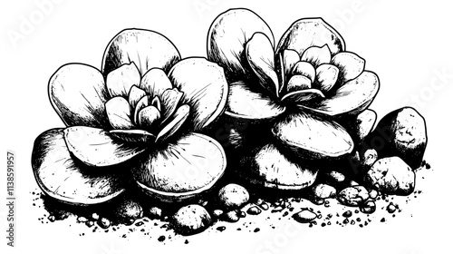Lithops with a pair of fleshy, stone-like leaves in sandy soil, Vectorized Plant Art