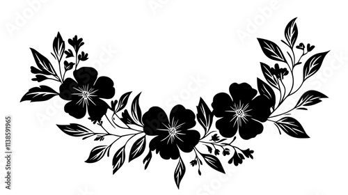 Loosely bound flower crown with mixed blossoms and leaves forming a ring, Vectorized Plant Art