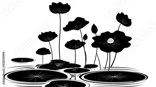 Lotus with circular leaves and seed pod rising above water, Vectorized Plant Art