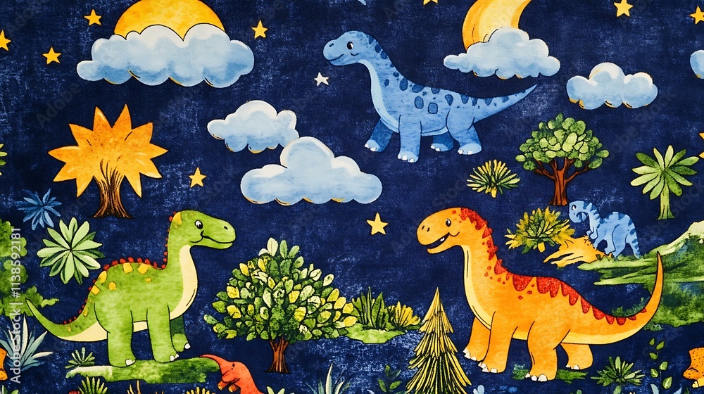 Obraz premium Soft plush fabric with a delightful pattern of dinosaurs, clouds, and trees in vivid colors on a deep blue background