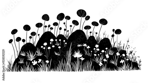Moss campion forming dense mounds between rocks, Vectorized Plant Art