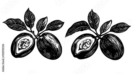 Nutmeg trees with split fruits revealing seeds, Vectorized Plant Art