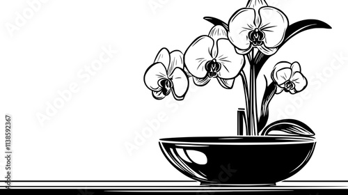 Orchid blooms on bathroom countertop near sink, Vectorized Plant Art