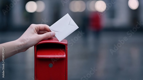 Sending a letter into a classic red mailbox