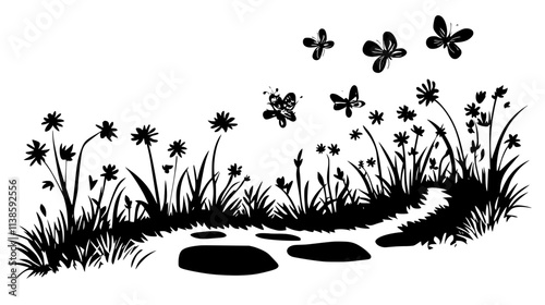 A patch of flowering plants along a path that attract pollinators, Vectorized Plant Art