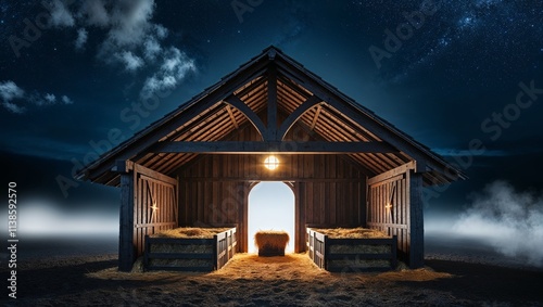 Rustic Wooden Stable Under a Starry Night – Serene and Magical Scene Wooden Stable at Dark Blue Starry Night, Jesus Christ Birth Concept