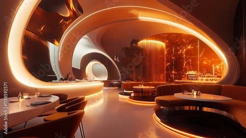 Luxurious futuristic cafe with soft furniture and calming atmospheric light