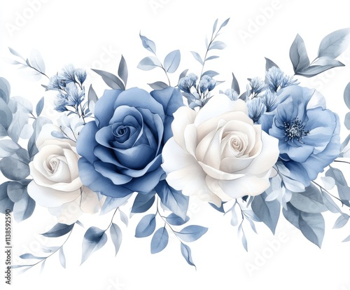 A gentle clip art of a watercolor dusty navy blue and beige floral bouquet, highlighting winter blossoms, is perfect for wedding invitations, baby showers, save the date notices, and bridal shower