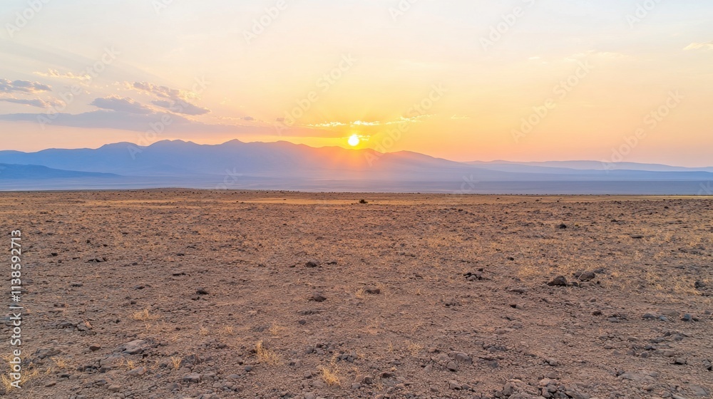 Fototapeta premium Serene Sunset Over Expansive Desert Landscape with Mountain Silhouettes