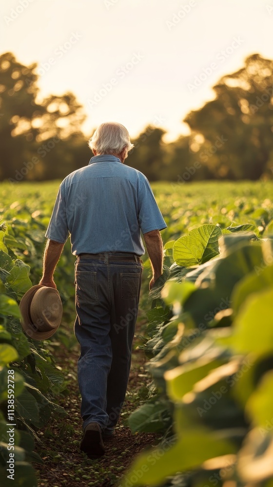Fototapeta premium An elderly man strolls through a lush green farm field, holding a hat, bathed in warm sunlight.