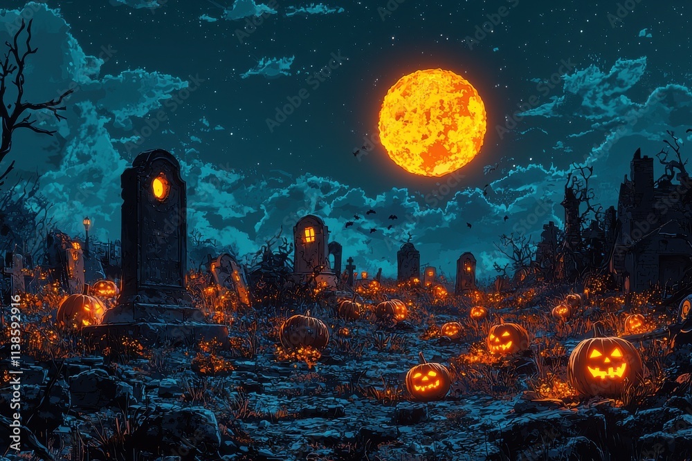 Spooky Halloween graveyard with glowing pumpkins and full moon Spooky Halloween graveyard with glowing pumpkins and full moon