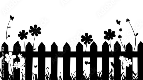Pollinator-attracting flowers growing along a fence in a residential yard, Vectorized Plant Art