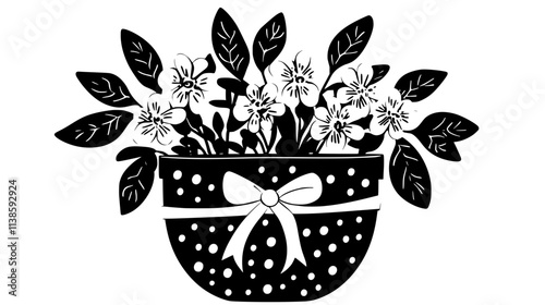 Potted flowering plant with ribbon on office desk, Vectorized Plant Art