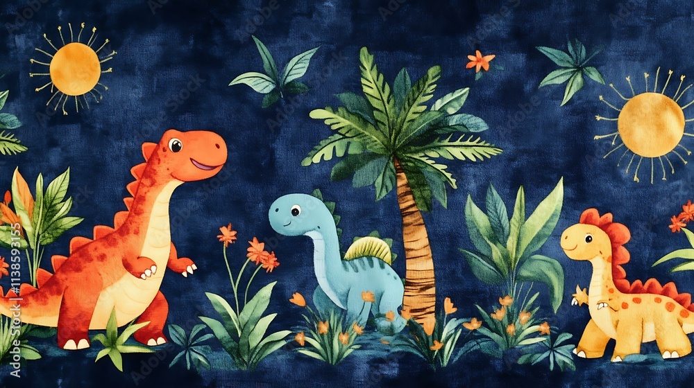 Fototapeta Plush fabric with a lively dinosaur and tropical tree pattern on a deep blue background, great for playful projects