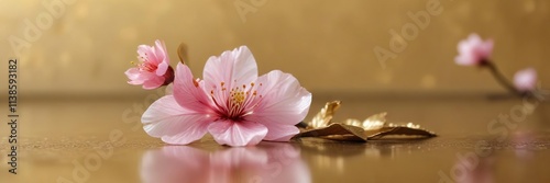 Single cherry blossom flower on a gold leaf surface with soft focus effect, , natural beauty