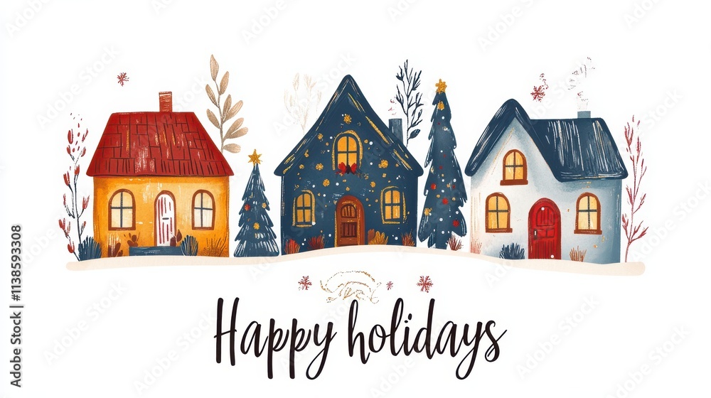 Charming Christmas card with three decorated houses conveying warm holiday greetings and festive cheer Charming Christmas card with three decorated houses conveying warm holiday greetings and festive cheer