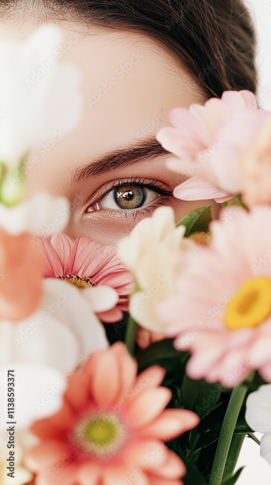 Naklejka premium A captivating close-up of a woman's eye peeking through vibrant, soft-focus flowers, conveying beauty and mystery.