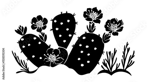 Prickly pear cactus with flowers emerging from flat pads, Vectorized Plant Art