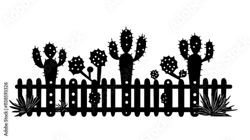 Prickly pear cacti forming a natural fence line, Vectorized Plant Art