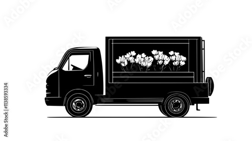 Refrigerated truck being loaded with flower bouquets, Vectorized Plant Art
