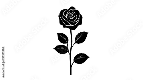 Rose with petals in spiral formation on stem, Vectorized Plant Art