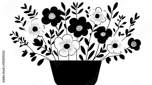 A scattered floral arrangement with mixed textures placed in a wide, shallow container, Vectorized Plant Art