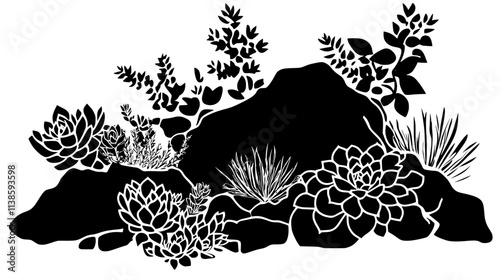 Sedum with succulent leaves in a rock garden design, Vectorized Plant Art