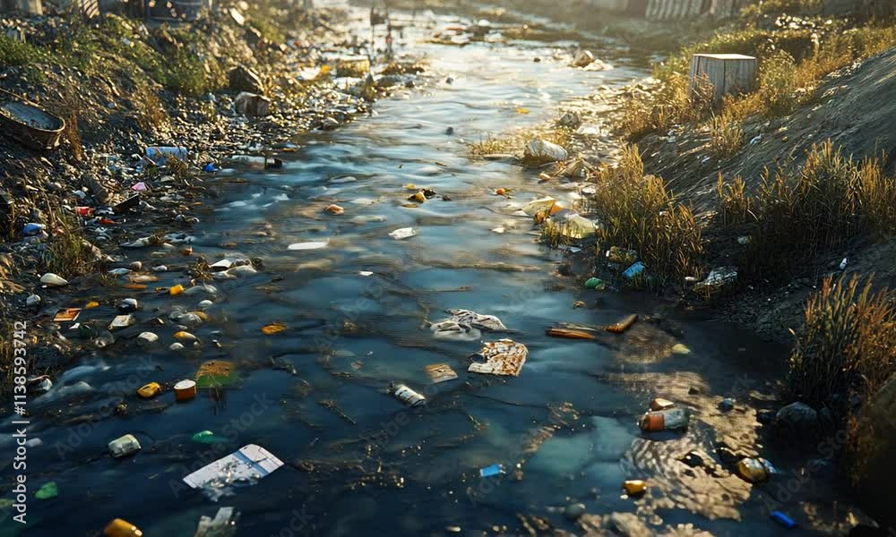 A polluted waterway filled with trash and debris, highlighting environmental issues. A polluted waterway filled with trash and debris, highlighting environmental issues.
