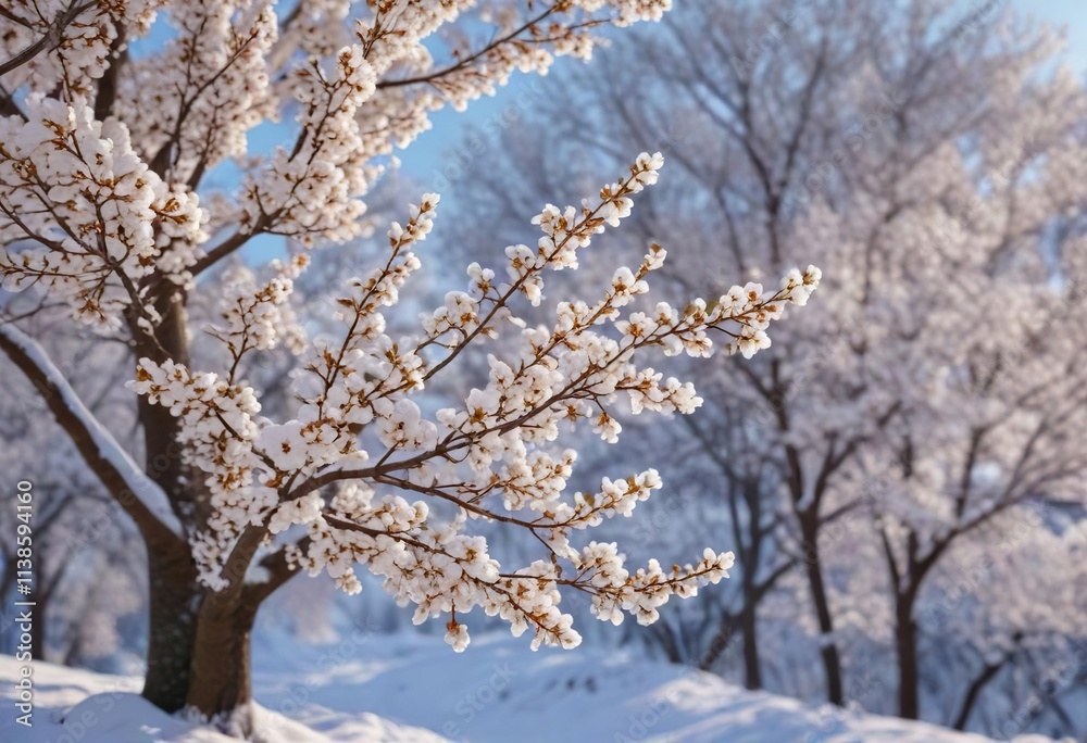 Snow-clad whitebeam tree with blooming branches, frosty, blossoms Snow-clad whitebeam tree with blooming branches, frosty, blossoms