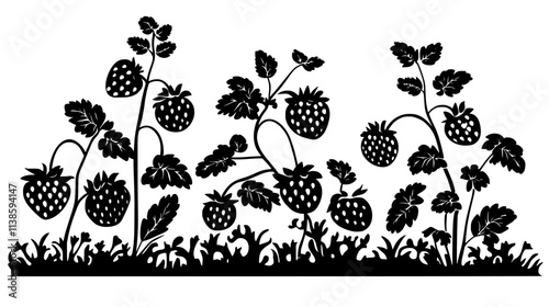 Strawberry patch with runners and fruit in a garden setting, Vectorized Plant Art