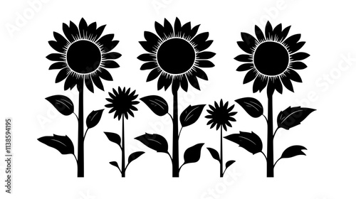 Sunflower plants with large flower heads in a field, Vectorized Plant Art