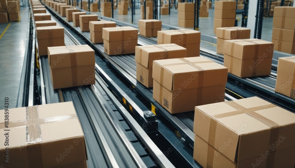 Closeup of multiple cardboard box packages seamlessly moving along a conveyor belt in a warehouse fulfillment center, a snapshot of e-commerce, delivery, automation, and products. Closeup of multiple cardboard box packages seamlessly moving along a conveyor belt in a warehouse fulfillment center, a snapshot of e-commerce, delivery, automation, and products.