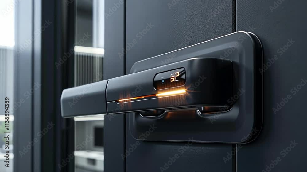 This smart lock displays its features in a modern home setting. This smart lock displays its features in a modern home setting.