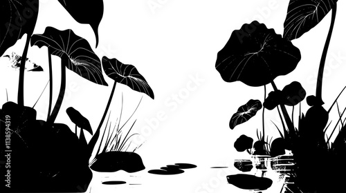 Taro plants with large leaves growing in a flooded field, Vectorized Plant Art