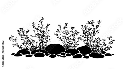 Thyme plants forming a low-growing mat in a rock garden, Vectorized Plant Art
