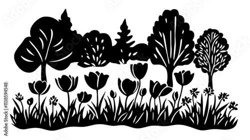 Tulips arranged in a formal garden, with trees and shrubs in the background, Vectorized Plant Art