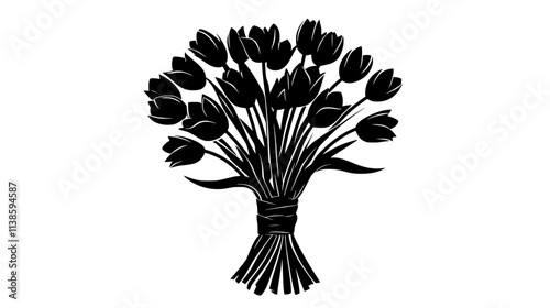 Tulips organized in a symmetrical bouquet, stems tightly bound together, Vectorized Plant Art