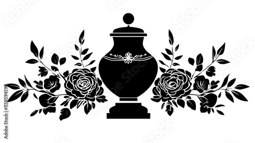 Urn surrounded by a floral arrangement on a memorial table, Vectorized Plant Art