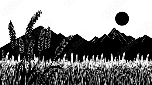 Wheat field rippling in the breeze with distant mountains, Vectorized Plant Art