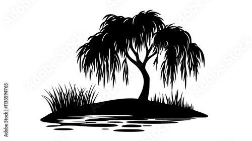 Willow tree with drooping branches swaying beside a calm water source, Vectorized Plant Art