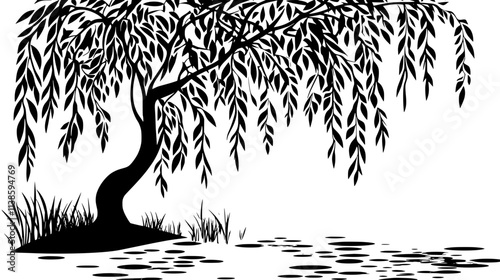 Willow tree with drooping branches swaying beside a calm water source, Vectorized Plant Art