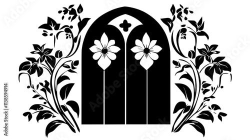 Wreath of blooms on chapel doors, Vectorized Plant Art