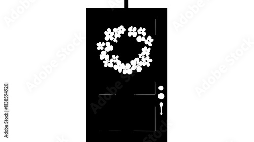 Wreath of seasonal blooms hanging on front door, Vectorized Plant Art
